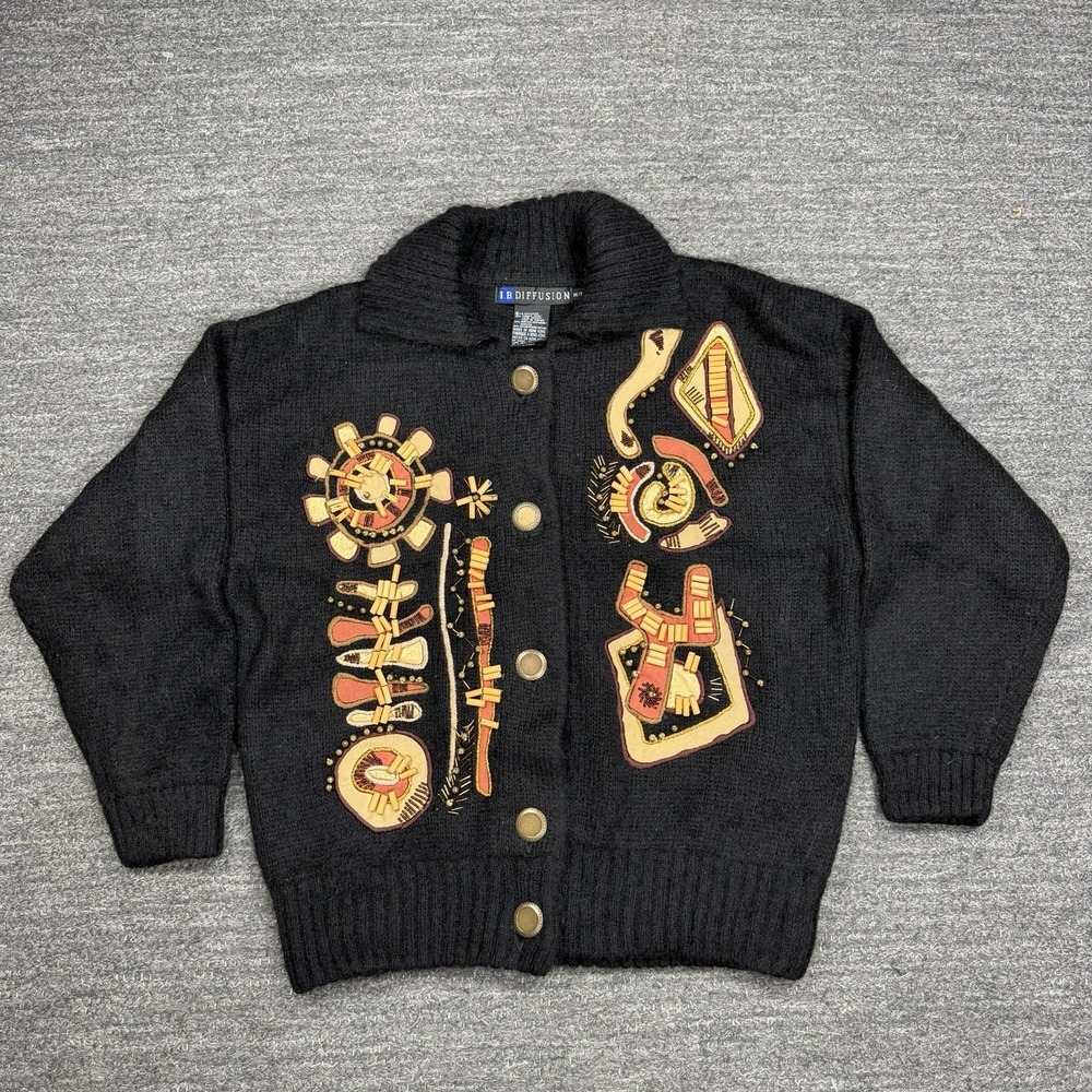 Vintage IB Diffusion Mohair Sweater Women Medium Black Cardigan Beaded Geometric